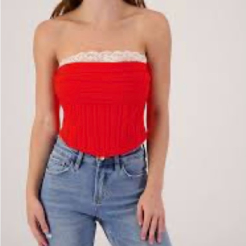 Cherry Mellow Ribbed Red Lace Trim Camisole Size M NWOT